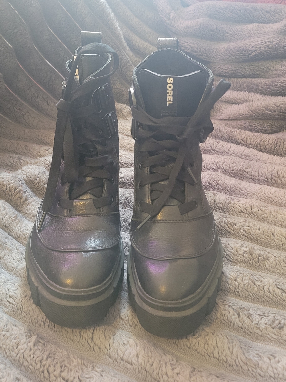Sorel Black Leather Waterproof Lace-Up Platform Ankle Boots Punk Goth Emo Rocker